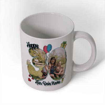 Personalisierte Tasse zum 30. Geburtstag mit Bild und Namen