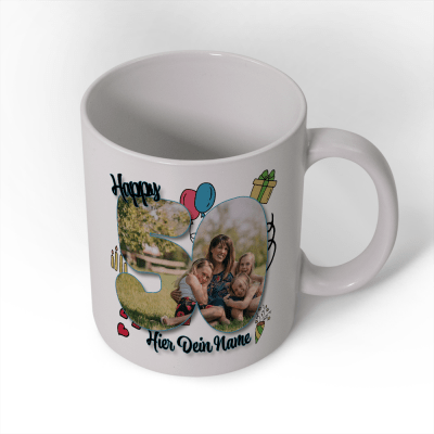 Personalisierte Tasse zum 50. Geburtstag mit Bild und Namen